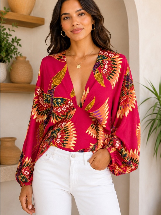 FARM Rio Tops - Farm Rio Pink Tropical Bird Print Twist Front Blouse Balloon Sleeve XS